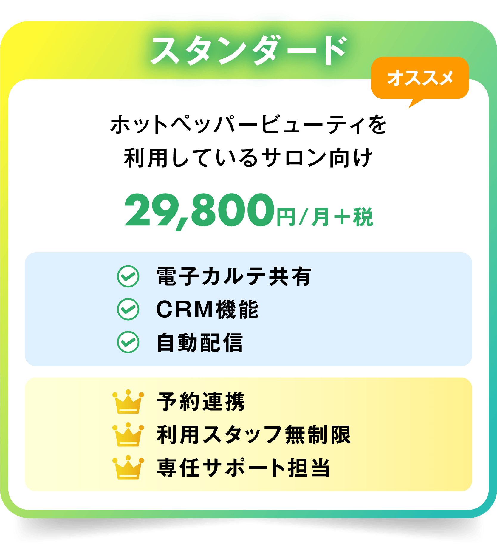 スタンダードプラン 29,800円/月+税 電子カルテ共有 CRM機能 自動配信 予約連携 利用スタッフ無制限 専任サポート担当 オススメ